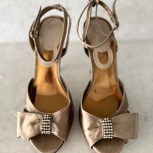 Charles by Charles David Satin Bow Ankle-Strap Heels in Metallic Taupe